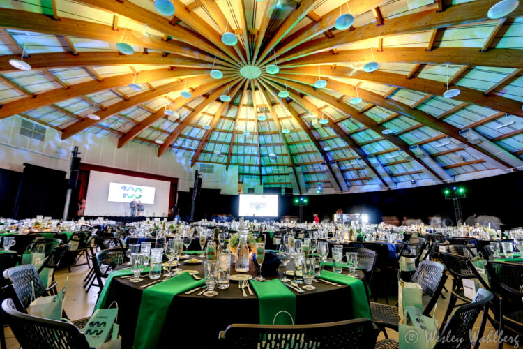 Lit up ceiling at Corporate catering event with decorated tables